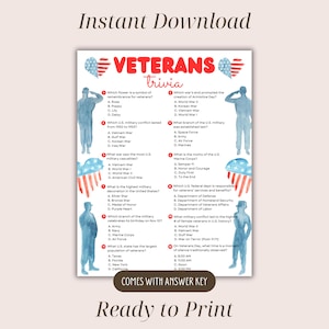 May include: A printable Veterans Day trivia game with questions about military history, including conflicts, decorations, and the Marine Corps motto. The design features patriotic watercolor illustrations and the text "Instant Download" and "Ready to Print."
