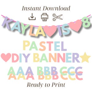 Banner de arcoíris pastel imprimible, banner de cumpleaños personalizado, banner de cumpleaños de arcoíris pastel para descargar digitalmente, plantilla de banner de la A a la Z del 0 al 9