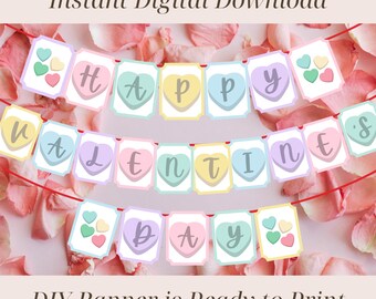 Happy Valentine's Day Banner Printable, Candy Hearts Garland, Vday Party Decor, Pastel Valentines Day Letters, Valentine Day Decorations