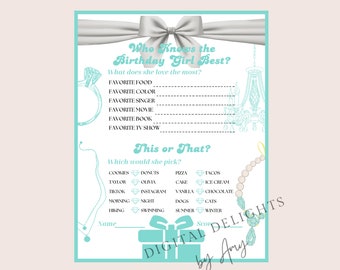 Turquoise Blue Who Knows The Birthday Girl Best, Mint Green Theme Party, Birthday Questionnaire Activity, Birthday Girl Trivia Game with Bow