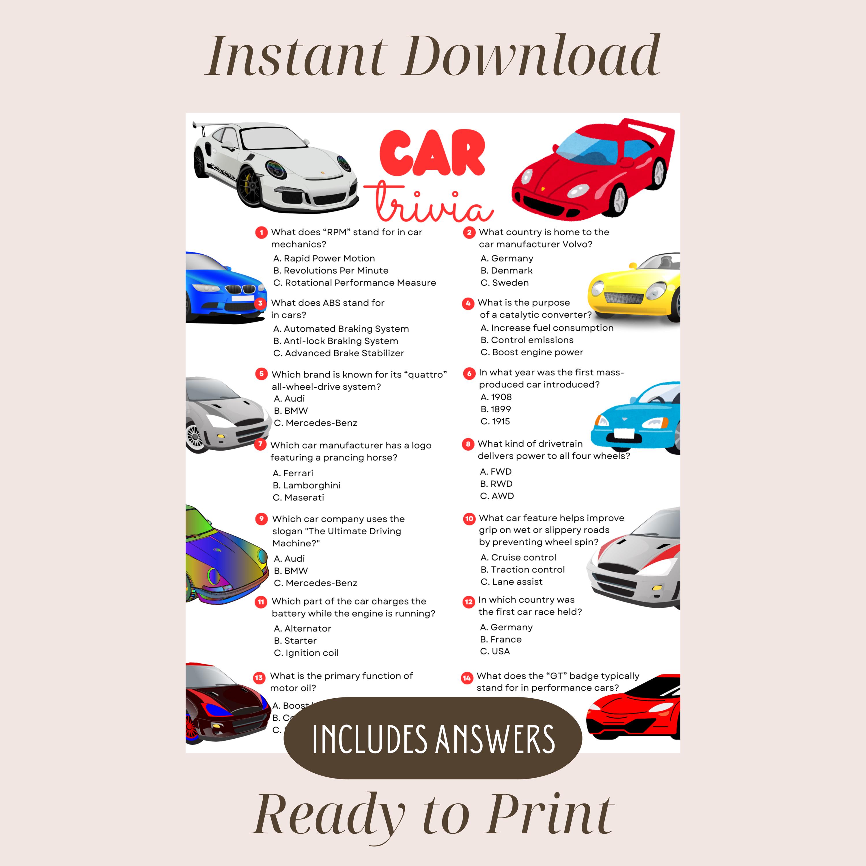 Car Trivia Game, Printable Automobile Game for Kids & Adults, Car ...