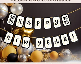 Happy New Year 2025 Banner Printable, New Years Garland, New Year's Eve Party Decor, Black Confetti and Letters, New Year's Decorations 2025