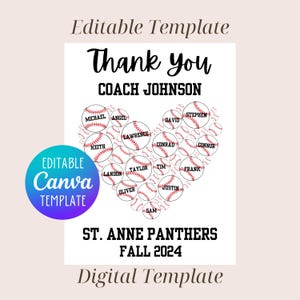 Editable Baseball Coach Appreciation Gift Printable, End of Season Printable Baseball Coach, Thank You Coach Gift Printable Baseball Heart