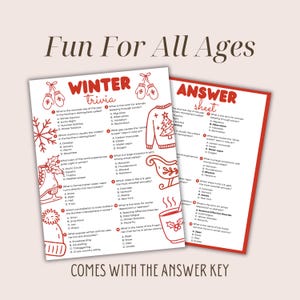 May include: Two sheets of paper with winter trivia questions and an answer key. The text "Fun For All Ages" and "Comes With The Answer Key" are at the top and bottom. The trivia sheet has illustrations of winter items.
