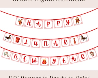 Pancarta imprimible de Feliz Año Nuevo Lunar, Guirnalda de Año Nuevo Lunar, Decoración para fiesta del Año del Caballo, Decoraciones del zodíaco chino rojo