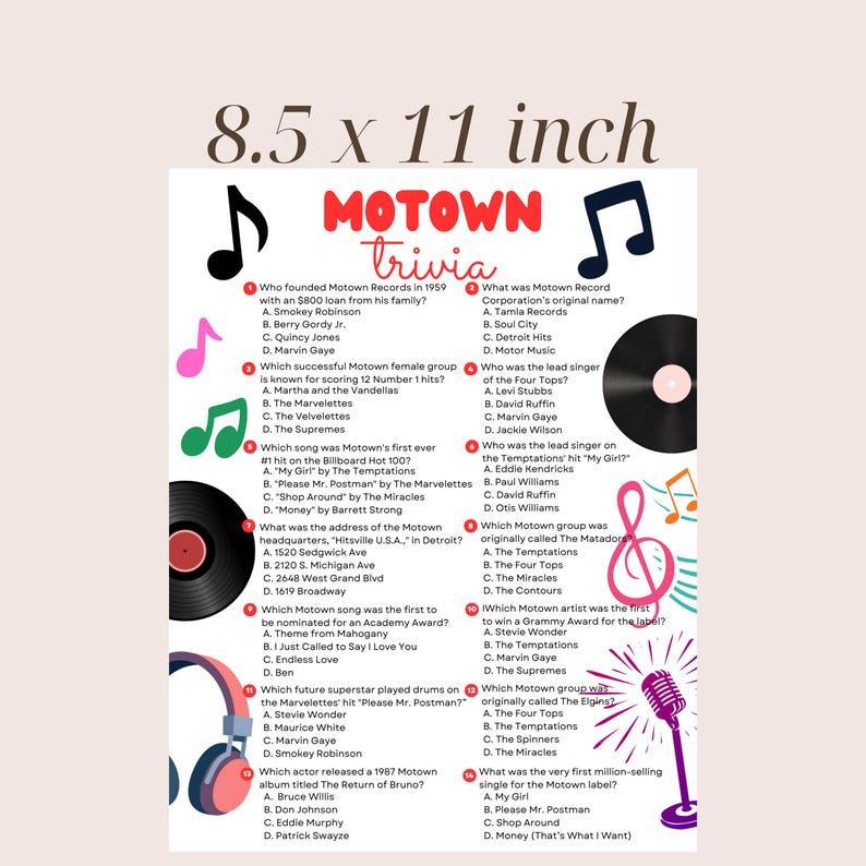 Może przedstawiać: Gra quizowa Motown na arkuszu 21,6 x 27,9 cm. Gra zawiera pytania dotyczące artyst&oacute;w i piosenek Motown, z nutami muzycznymi i mikrofonem. Tekst zawiera pytania i odpowiedzi.