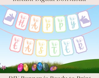 Happy Easter Banner Printable, Happy Easter Garland, Easter Bunny Party Decor, Pastel Easter Letters, Easter Sunday Party Decorations DIY