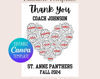 Editable Volleyball Coach Appreciation Gift Printable, End of Season Printable Volleyball Coach, Thank You Coach Gift Volleyball Heart