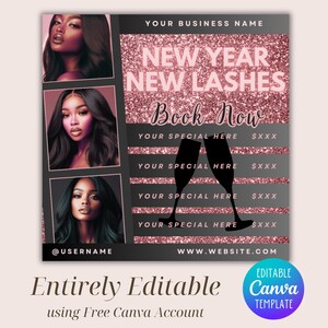 May include: A promotional graphic for a beauty business, featuring three portraits of women with long hair. The design includes the text "New Year New Lashes" and "Book Now" in a pink glitter effect, with space for special offers and contact information.