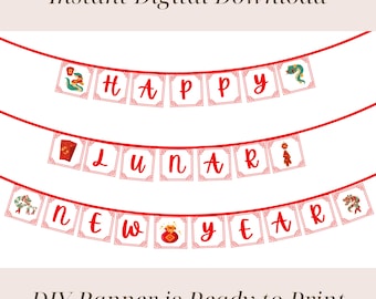 Happy Lunar New Year 2025 Banner Printable, Lunar New Years Garland, Year of Snake Party Decor, Red Chinese New Year Decorations 2025