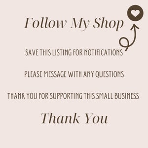 Może przedstawiać: Beżowa grafika z tekstem "Follow My Shop", "Zapisz tę ofertę, aby otrzymywać powiadomienia", "Proszę o wiadomość z pytaniami" i "Dziękuję za wspieranie tego małego biznesu". Zawiera ikonę serca.