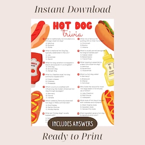 Hot-Dog-Trivia-Spiel, druckbare Hot-Dog-Party-Trivia, lustige Aktivität zum Nationalen Hot-Dog-Tag, Thema des vierten Juli, Hot-Dog-Essen Contest Quiz
