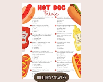 Hot Dog Trivia Game, Printable Hot Dog Party Trivia, National Hot Dog Day Fun Activity, Fourth of July Theme, Hot Dog Eating Contest Quiz