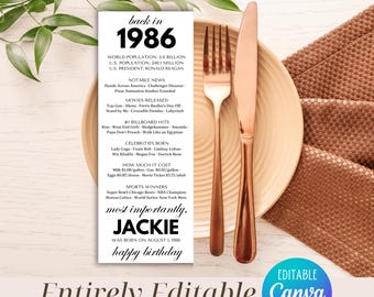 40th Birthday Place Cards Digital, Editable 40th BDay Party Decoration, Born in 1986 Table Cards, Back in 1986 News, Editable Canva Template