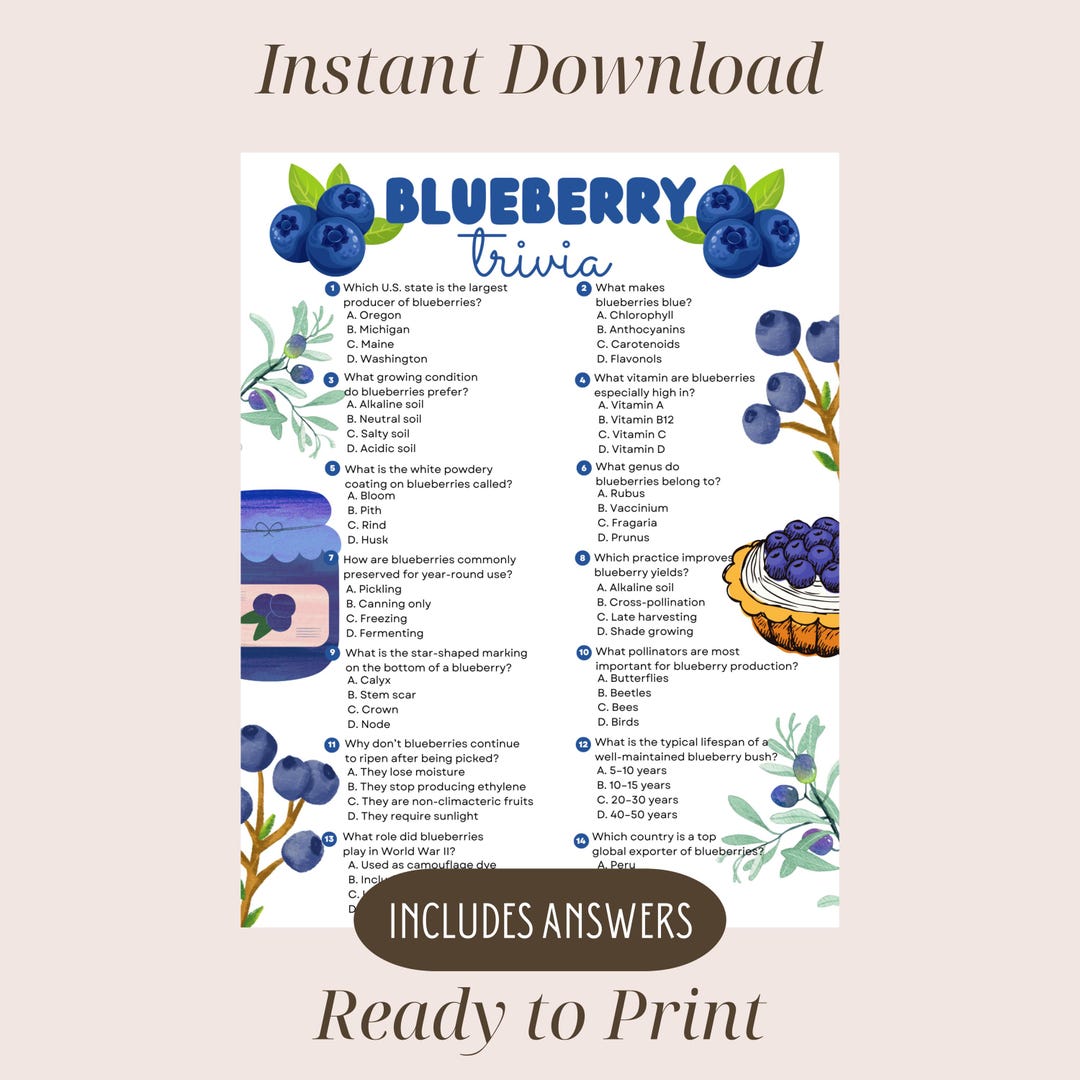 Blueberry Trivia Game, Fun Fruit Theme Party Activity (digital Download ...