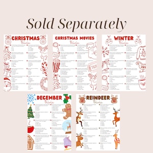 May include: A set of Christmas trivia game sheets with festive illustrations. The sheets cover topics like Christmas, Christmas movies, winter, December, and reindeer. The text "Sold Separately" is at the top.