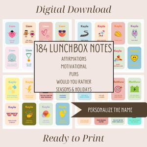 184 Lunchbox Notizen für Kinder, druckbare Kinder Affirmationen, Lunchbox Notizen und Wortspiele für Schulanfang, personalisierte positive Affirmationen