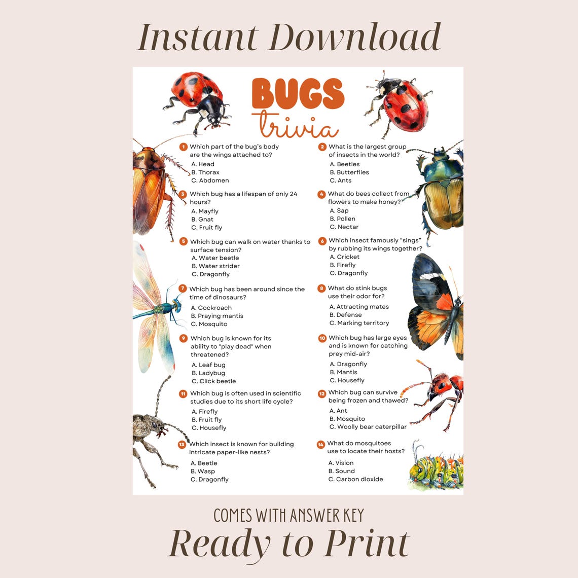 Trivia In Insect Bug Trivia Game, Printable Insect Party Trivia, Bugs Themed Fun ...