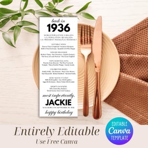 May include: A beige plate with copper cutlery and a white card with black text. The card lists facts from 1936, including "Jackie" and "happy birthday." The image has a Canva template logo and is a birthday theme.