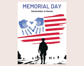 Könnte beinhalten: Druckbares Memorial Day-Design mit der Silhouette eines Soldaten, der auf eine Gruppe von Menschen zugeht, vor dem Hintergrund einer rot-weiß-blauen amerikanischen Flagge. Die Flagge besteht aus Handabdrücken und hat einen abgenutzten Look. Der Text "MEMORIAL DAY" und "Remember & Honor" befindet sich oben im Design. Der Text "Ready to Print" befindet sich unten im Design.