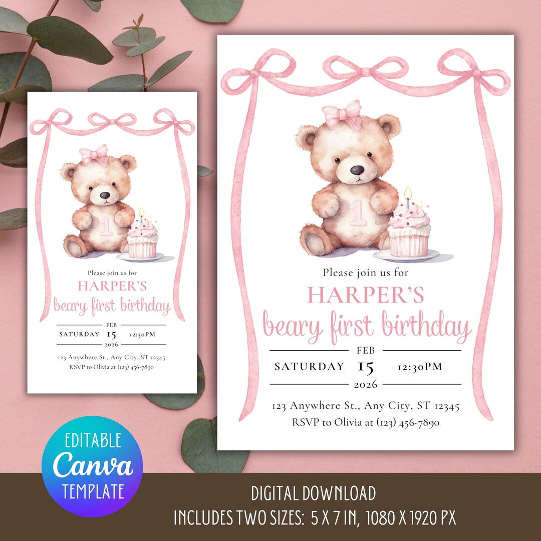 Girl's Pink Teddy Bear 1st Birthday Party Invitation Template, Pink ...