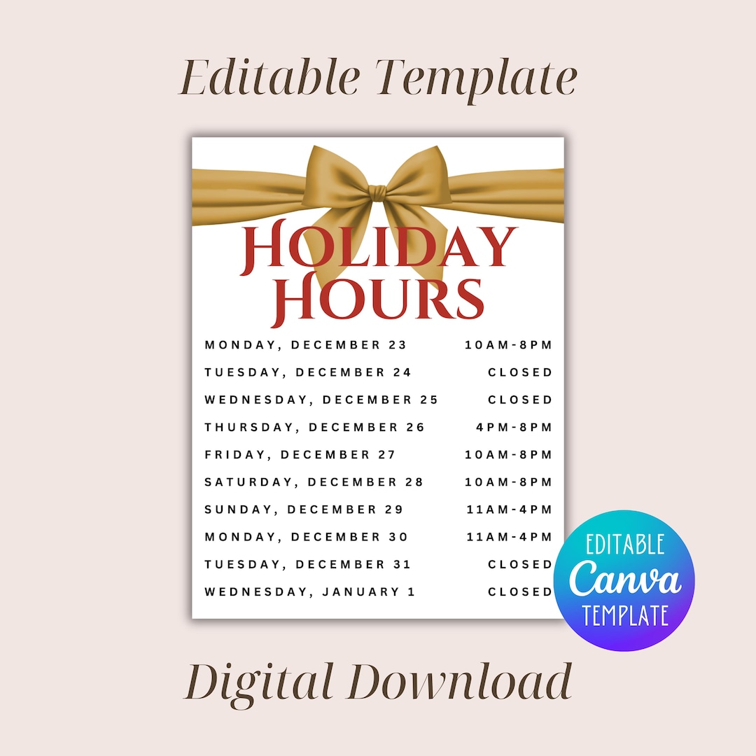 holiday hours printable sign, business holiday closure notice