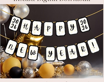 Happy New Year 2026 Banner Printable, New Years Garland, New Year's Eve Party Decor, Black Confetti and Letters, New Year's Decorations 2026