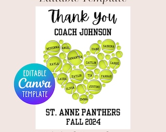 Editable Tennis Coach Appreciation Gift Printable, End of Season Printable Tennis Coach, Signed Thank You Coach Gift Printable Tennis Heart