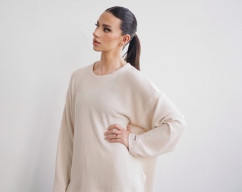 Crème-beige gebreide textuur damestrui, oversized, lange mouwen, trui, losse top, alledaagse luxe kleding