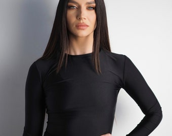 Black Elastic Universal Long Sleeves Top with unique sheen