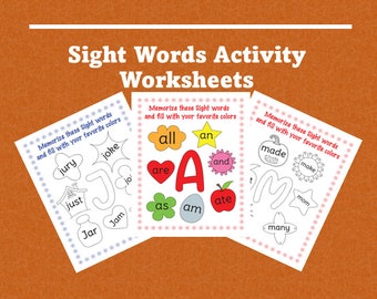Hojas de trabajo de actividades imprimibles con palabras reconocibles a la vista para niños/Colorear/Ortografía/26 páginas/Preescolar/Kindergarten/Niños/Alfabetos