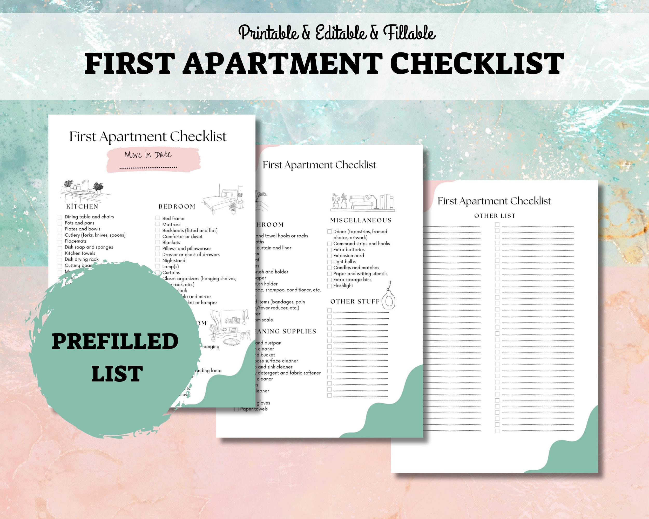 First Apartment Checklist Printable / Fillable New Home Checklists ...