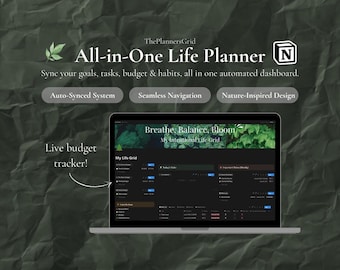May include: A laptop displays an "All-in-One Life Planner" dashboard with the text "Sync your goals, tasks, budget & habits." Features include an auto-synced system and seamless navigation. The screen shows a dark theme with a "Live budget tracker!"