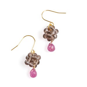 Smoky Quartz & Ruby Earrings, Brown Pink Gemstone Drop Earrings, Surgical Stainless Steel, 14K Gold Filled Wire Gift