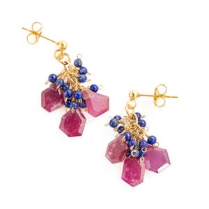 Ruby Lapis Lazuli Earrings, Red Blue Gemstone Dangle Earrings, July September Birthstone, 14K Gold Filled Jewelry