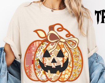 Floral Fall Patchwork Pumpkin Dtf Transfer,Pumpkin Ghost Coquette DTF,Halloween Pumpkin Ghost Ready To Press, Coquette Patchwork Pumpkin Dtf