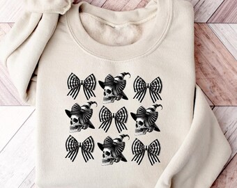 Sudadera de Halloween Coquette: Calavera y lazo, temporada espeluznante retro