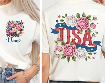 Comfort Colors Personalized USA Floral T-Shirt, Custom Name Patriotic Tee, 4th of July Rose Graphic Shirt