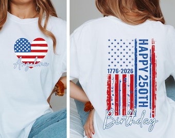 Comfort Colors Custom USA 250th Birthday T-Shirt, 1776-2026 Independence Day Tee, Fourth of July Patriotic American Flag Heart Design