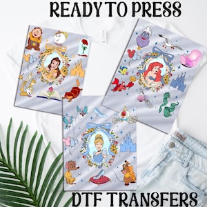 Transferencias DTF de espejo de princesas de Disney retro, impresiones termoadhesivas DTF de espejo de princesas, transferencias termoadhesivas DTF retro de Disney, listas para imprimir