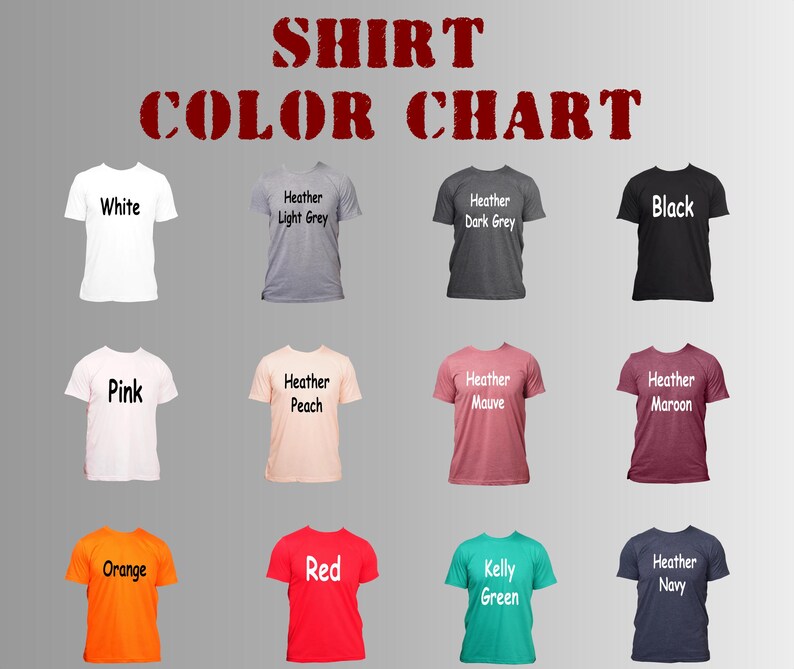 Op de afbeelding: T-shirt kleurenkaart met 12 verschillende kleuren: wit, roze, oranje, rood, kelly groen, heideblauw, heidelichtgrijs, heidedonkergrijs, zwart, heideperzik, heidepaars en heidemaroon.