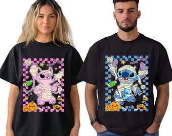 Stitch and Angel Halloween Dtf Transfer,Disney Stitch Halloween Ready to Press,Halloween Party Dtf,Horror Halloween Stitch Pumpkin Fall Dtf