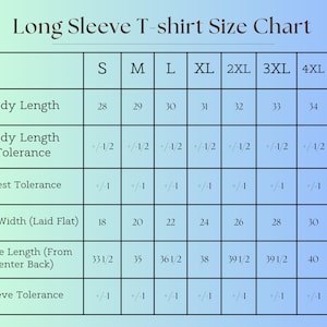 Op de afbeelding: Een maattabel voor T-shirts met lange mouwen met maten in inches voor maten S tot en met 5XL. De tabel bevat lichaamslengte, lichaamslengtetolerantie, borsttolerantie, borstbreedte (plat), mouwlengte (vanaf het midden van de rug) en mouwtolerantie.
