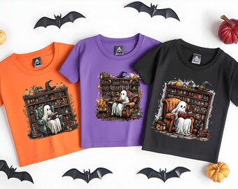 Retro Ghost Reading Books DTF Transfer,Read Ghost Halloween DTF, Librarian Ghost Halloween Ready to Press, Book Lover Ghost Iron on Transfer