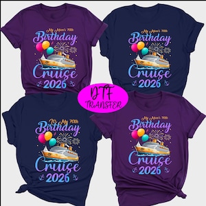 Puede incluir: Cuatro camisetas en tonos morado y azul marino, cada una con un diseño de crucero. Las camisetas tienen el texto "My Mom's 70th Birthday Cruise 2026" o "It's My 70th Birthday Cruise 2026" con globos y fuegos artificiales.