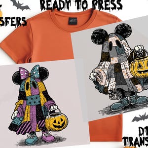 Peut inclure: T-shirt orange avec deux motifs de transfert DTF. Les motifs présentent des personnages de dessins animés costumés en patchwork, tenant des lanternes citrouilles. Les transferts sur le thème d'Halloween incluent le texte "DTF TRANSFERS" et "READY TO PRESS".