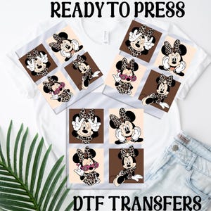 ヒョウ柄ミニーマウスDTF転写、ディズニーミニーDTF、ミニープレス準備完了、ディズニーミニーマウスヒョウ柄ヒートプレス、プリンセスアイロン転写