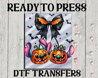 Retro Blue Alien Cartoon Pumpkin Dtf, Stitch and Angel Halloween Cherry Ready to Press, Halloween Stitch and Angel Pumpkin Fall Dtf Transfer