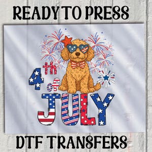 Goldendoodle Patriotic Dtf Transfer, Fourth Of July Dog Heat to Press, USA Dog Dtf, Dog Wearing Stars And Stripes Bow Iron On Transfer