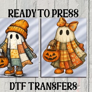 May include: Two Halloween-themed DTF transfers featuring cartoon ghosts. One ghost wears an orange beanie and patchwork clothing, holding a jack-o'-lantern. The other ghost has a bow and patchwork clothing, also holding a jack-o'-lantern. The words "READY TO PRESS" and "DTF TRANSFERS" are at the top and bottom.